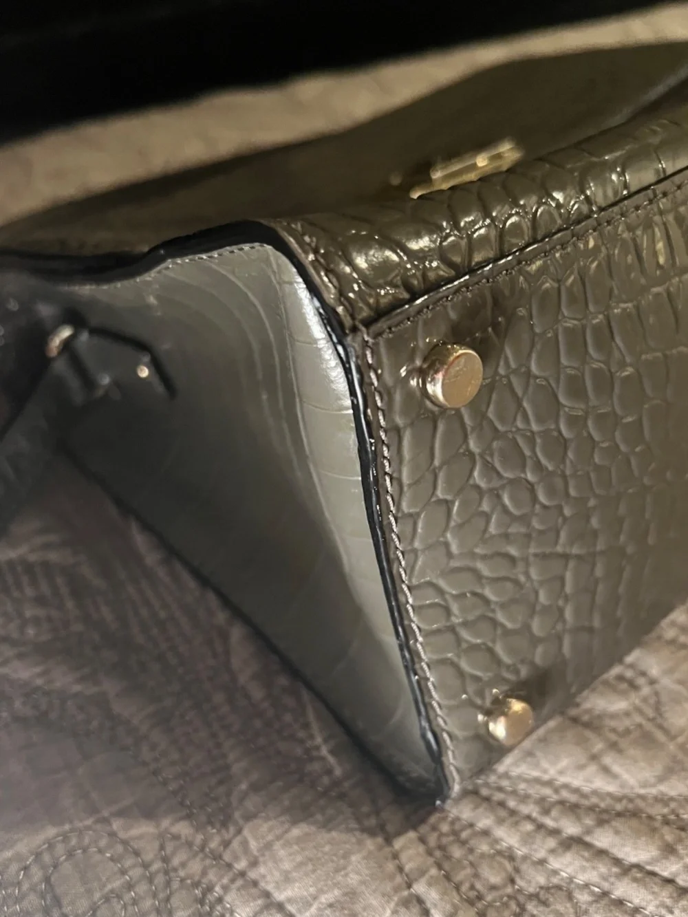 Kate Spade Doris Croc Embossed Dark Gray Patent Structured Tote Bag w/ 2 Handles